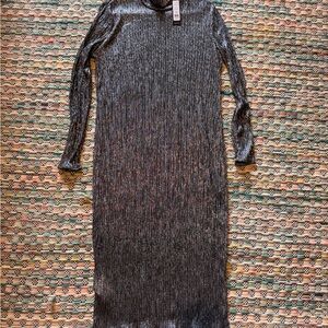 BCBG Metallic Silver Long-Sleeve Midi Dress